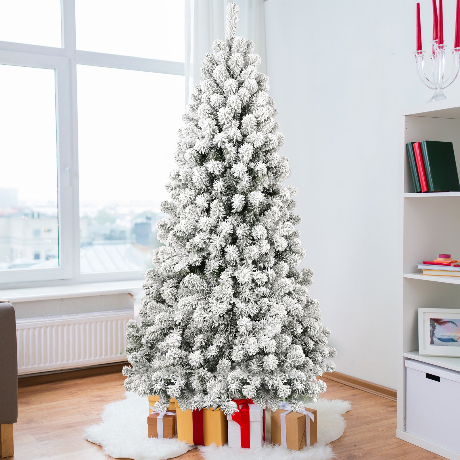 5FT Pre-Installed Flocked Christmas Tree - Perfectly Fluffy, Shaped, and Illuminated for Your Holiday Décor.