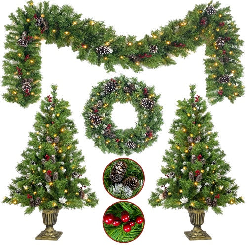 Pre-Lit Artificial Christmas Tree Set – 4-Piece Holiday Décor with LED Lights.