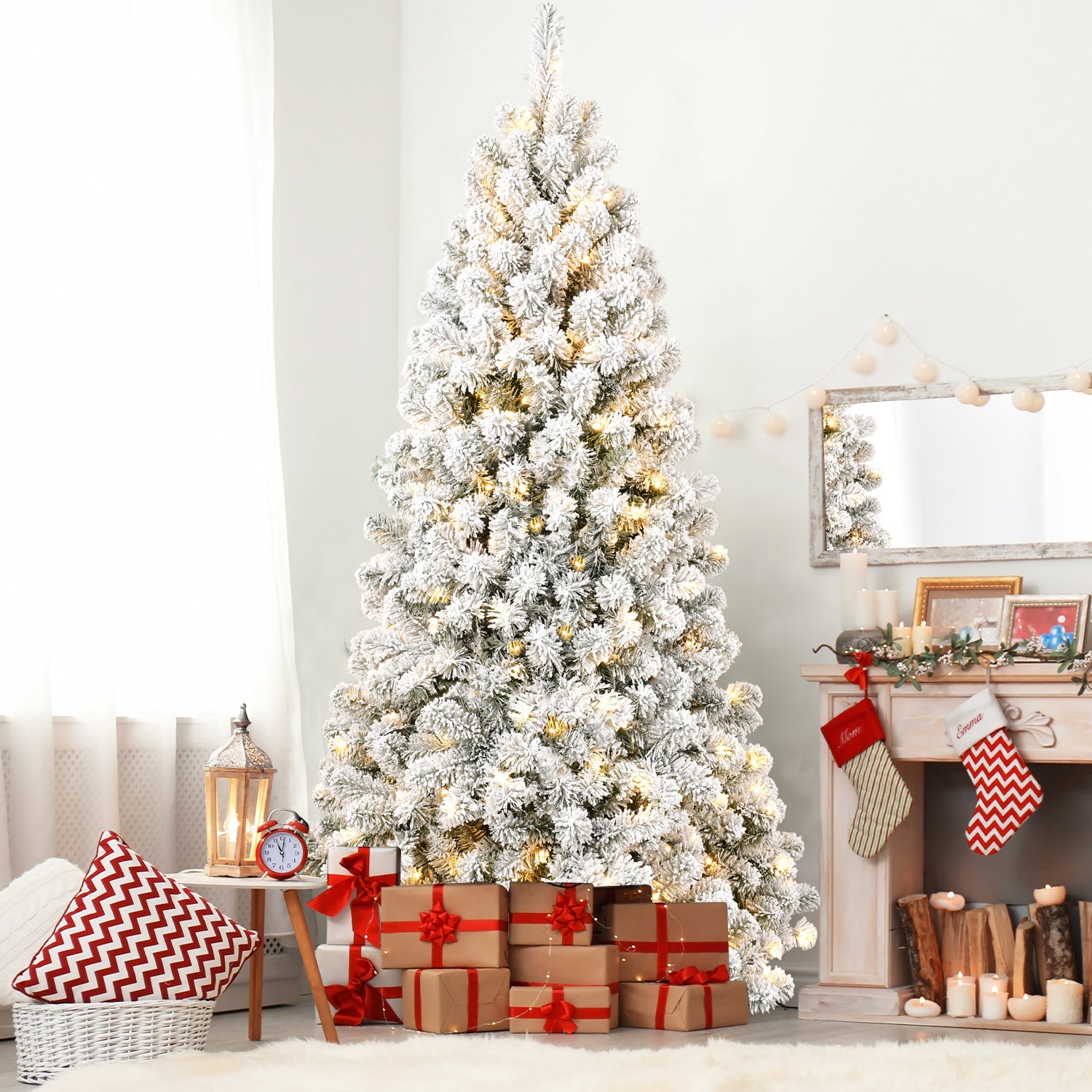 5FT Pre-Installed Flocked Christmas Tree - Perfectly Fluffy, Shaped, and Illuminated for Your Holiday Décor.