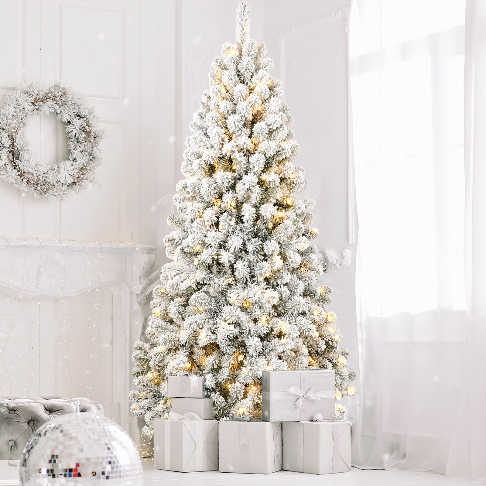 5FT Pre-Installed Flocked Christmas Tree - Perfectly Fluffy, Shaped, and Illuminated for Your Holiday Décor.