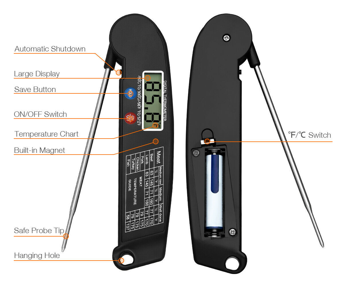 Digital Meat Thermometer - Instant Read for Cooking, Grill, BBQ, Smoker, Oven, Steak, Rotisserie, and Kitchen Accessories