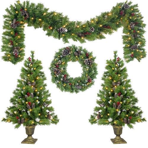 Pre-Lit Artificial Christmas Tree Set – 4-Piece Holiday Décor with LED Lights.